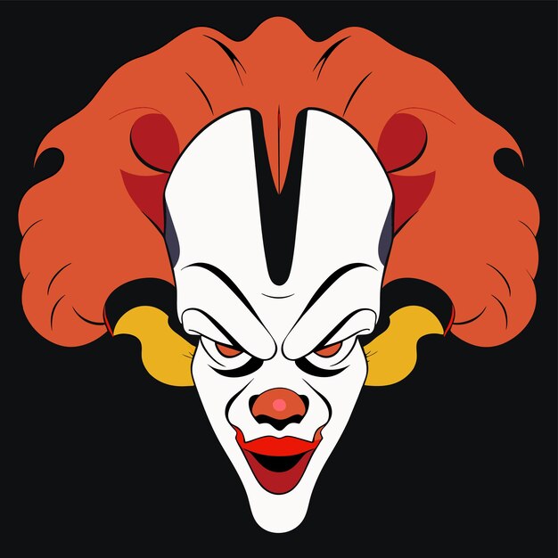 Vecteur tête de clown effrayante dessinée à la main d'halloween, autocollant de dessin animé plat et élégant, concept d'icône isolé