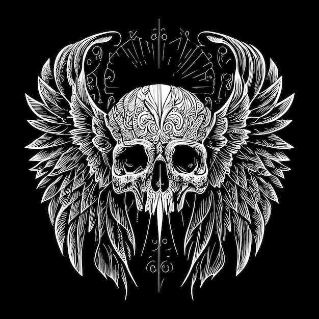 Tête de crâne et ailes de plumes illustration d'une beauté envoûtante qui juxtapose la mort et la vie