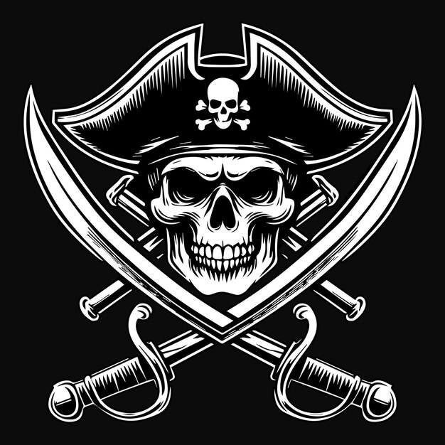 Vecteur tête de crâne de pirate d'art sombre avec double épée illustration en noir et blanc