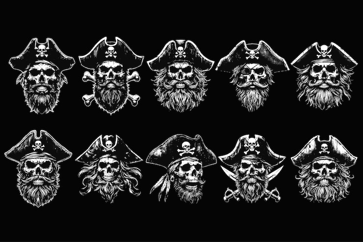 Vecteur tête de crâne de pirate d'art sombre avec double épée illustration en noir et blanc