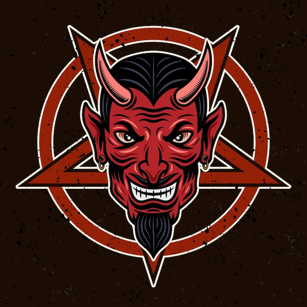 Tête De Diable Et Illustration Vectorielle Pentagramme Dans Un Style Coloré Sur Fond Sombre