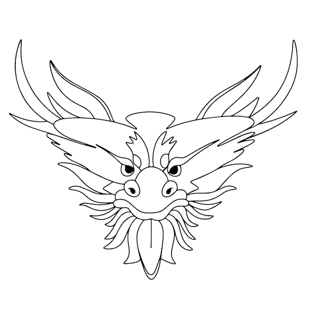 Vecteur tête de dragon dessinée à la main, contour de la tête du dragon, masque de dragon, illustration vectorielle