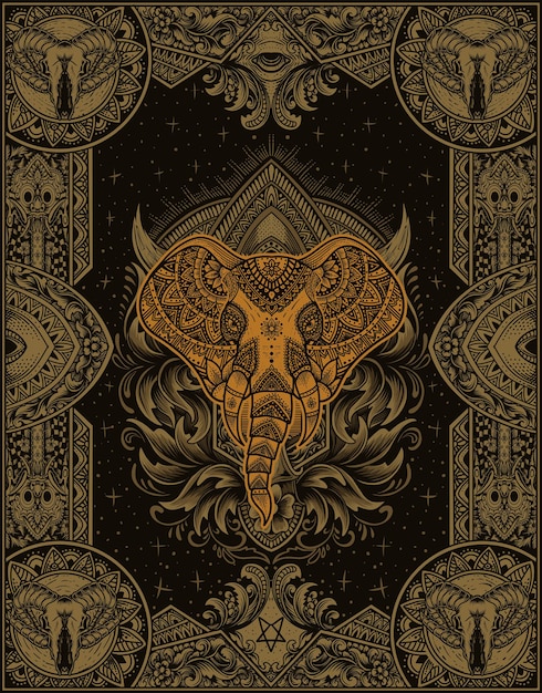 Tête D'éléphant D'illustration Avec Style D'ornement Mandala Vintage