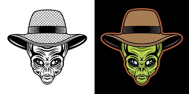 Tête extraterrestre en illustration de caractère vectoriel de chapeau de fermier de paille dans deux styles