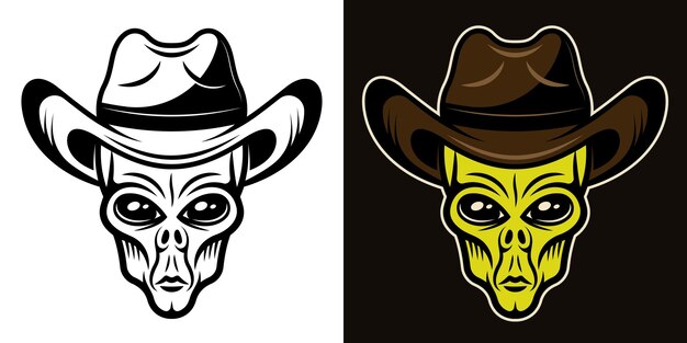 Tête extraterrestre en illustration vectorielle de chapeau de cowboy dans deux styles noir sur blanc et coloré sur fond sombre
