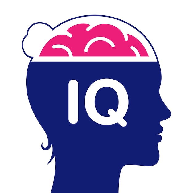 Vecteur tête féminine avec cerveau et signe de qi icône vectorielle pictogramme de test de qi isolé sur fond blanc