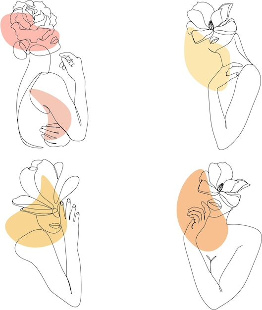 Tête De Femme Abstraite Avec Jeu De Dessin Au Trait De Fleurs