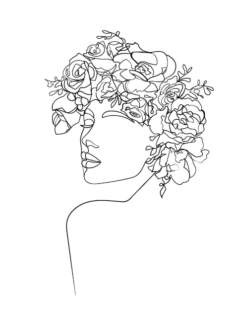 Vecteur tête de femme avec un dessin au trait de fleurs. -illustration vectorielle