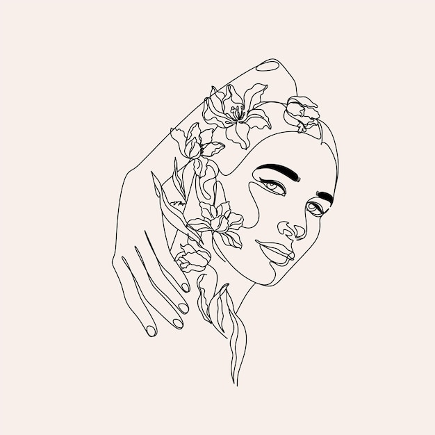 Tête De Femme Avec Des Fleurs Dessin Au Trait Continu Ensemble Nature Féminine Portrait Abstrait D'une Ligne Visage De Femme Contour Minimaliste Design D'art Mural Logo élégant Pour La Marque De Cosmétiques Ou De Coiffeurs