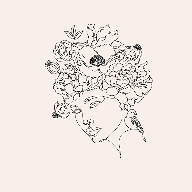 Tête de femme avec des fleurs Dessin au trait continu Ensemble Nature féminine Portrait abstrait d'une ligne Visage de femme Contour minimaliste Design d'art mural Logo élégant pour la marque de cosmétiques ou de coiffeurs