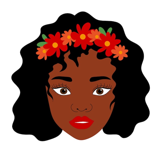 Tête De Femme Noire Avec Couronne De Fleurs Illustration Vectorielle D'une Fille Noire Aux Cheveux Bouclés