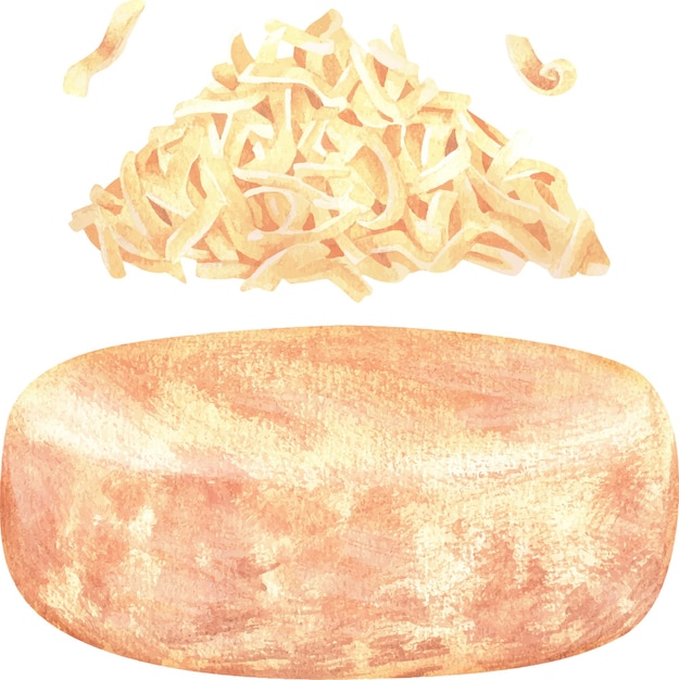 Vecteur une tête de fromage et un tas de fromage râpé illustration aquarelleisolé sur fond blanc