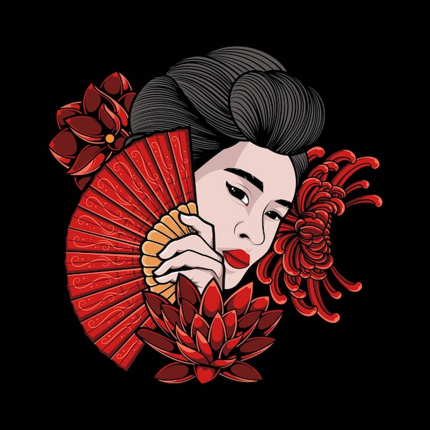 Tête De Geisha Avec Fleur De Chrysanthème