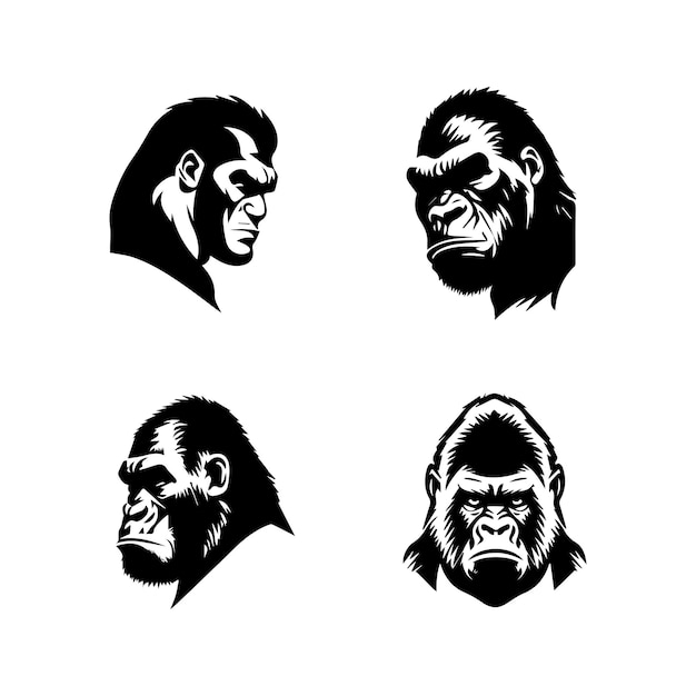 tête de gorille en colère logo silhouette collection ensemble illustration dessinée à la main