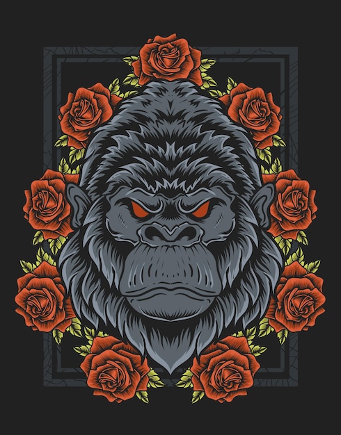Tête De Gorille Vintage Illustration Avec Fleur Rose