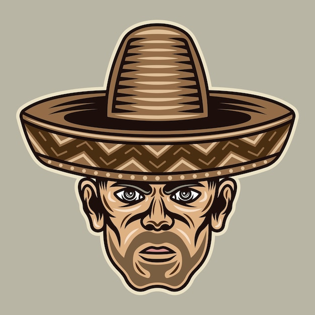 Tête D'homme Au Chapeau Sombrero à Poils Illustration De Personnage Vectoriel En Style Cartoon Coloré Sur Fond Clair