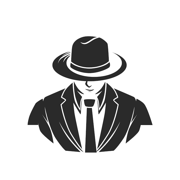 Tête d'hommes de silhouette abstraite de personnage de mafia dans le chapeau. Illustration vectorielle vintage