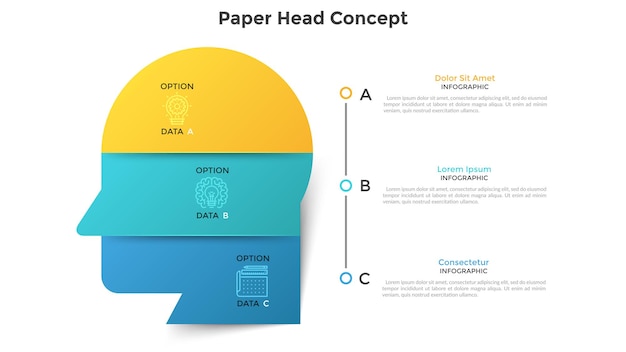 Tête Humaine Ou Profil Divisé En 6 Morceaux De Papier Colorés. Concept De Six Caractéristiques De La Pensée Commerciale Créative. Modèle De Conception Infographique Moderne. Illustration Vectorielle Pour La Visualisation Des Données.