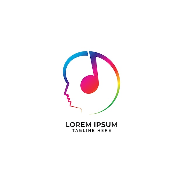 Vecteur tête avec illustration vectorielle de note de musique écouter de la musique avec le concept de logo de casque dégradé multicolore arc-en-ciel isolé sur fond blanc