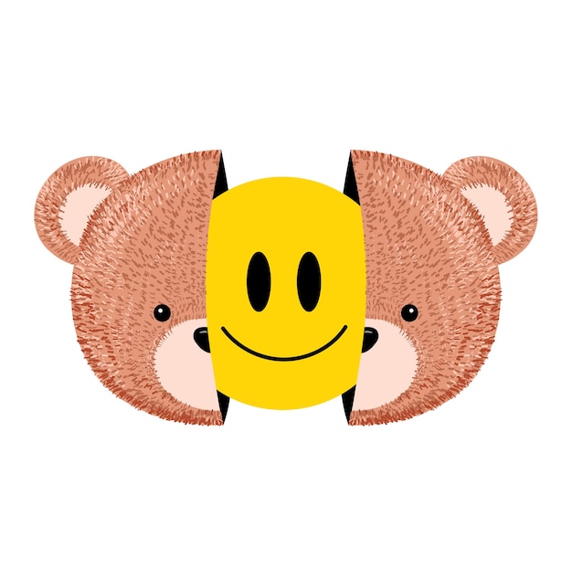 Vecteur tête de jouet deux demi-ours avec visage souriant à l'intérieur de l'impression pour t-shirt illustration de personnage de style crayon dessiné à la main de dessin animé vectoriel kawaii