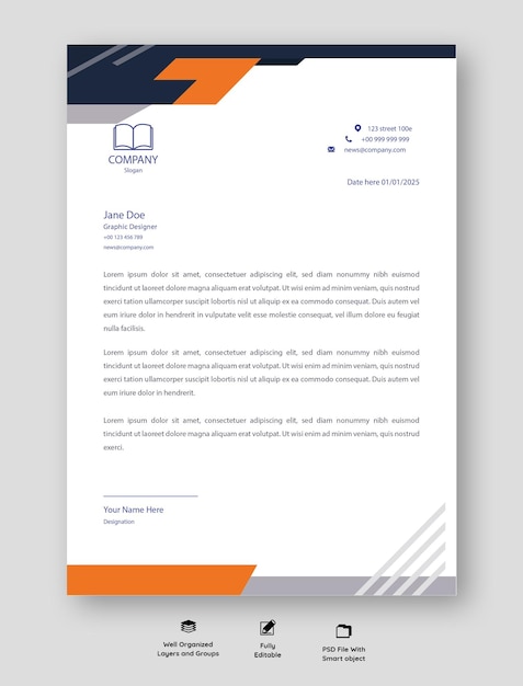 Tête de lettre professionnelle orange et marine modèle de tête de lettre design tête de lettre modifiable