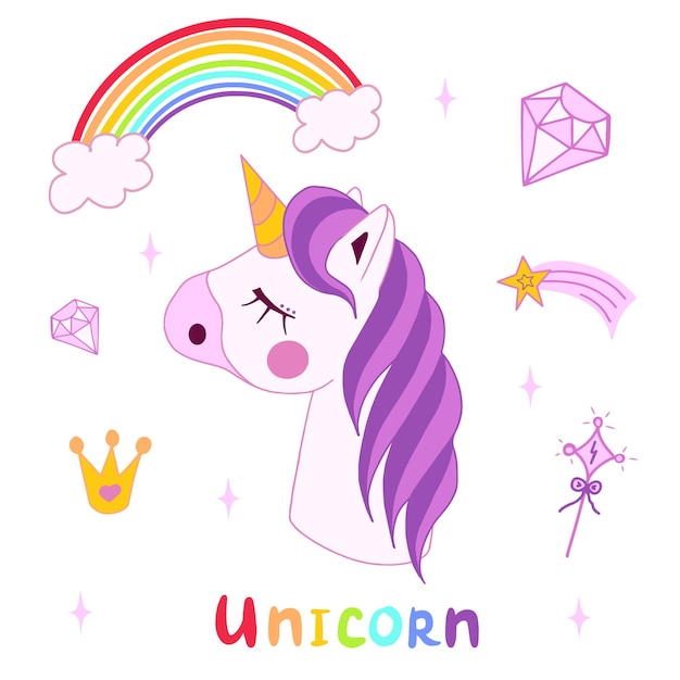 Tête de licorne blanche avec crinière et corne sur fond étoilé, arc-en-ciel, couronne, étoile et diamant dessinés à la main.
