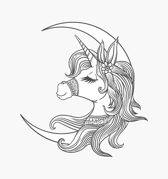 La Tête D'une Licorne Avec Une Longue Crinière Sur La Lune. Dessin Linéaire Noir Et Blanc