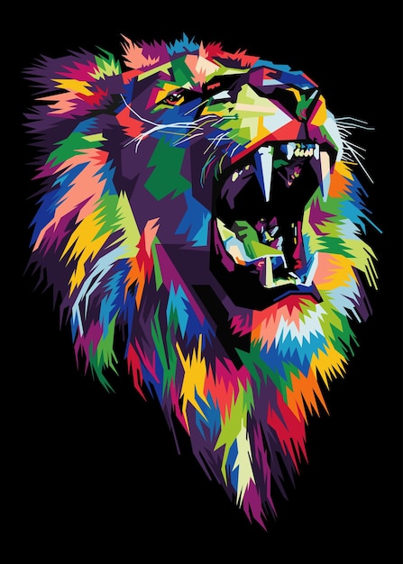 Tête de lion colorée sur un style pop art isolée avec un fond noir