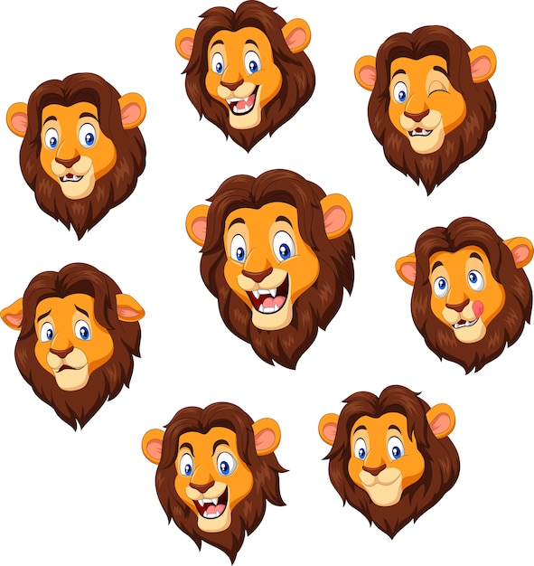 Vecteur tête de lion de dessin animé avec une expression différente