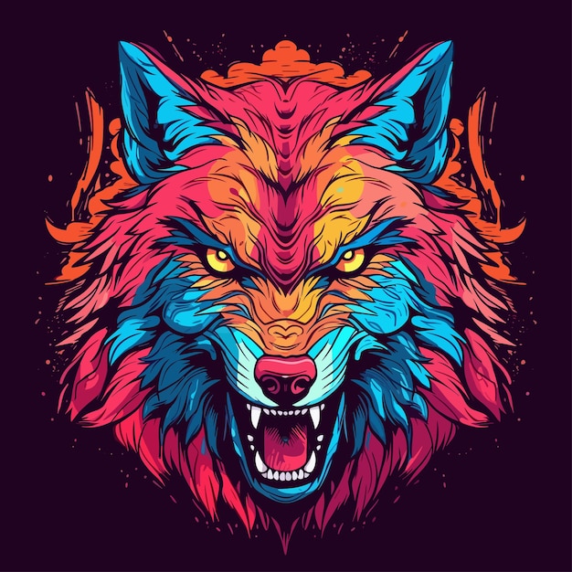 Tête de loup agressif fou illustration vectorielle de style pinceau coloré pour l'impression de t-shirts ou d'affiches