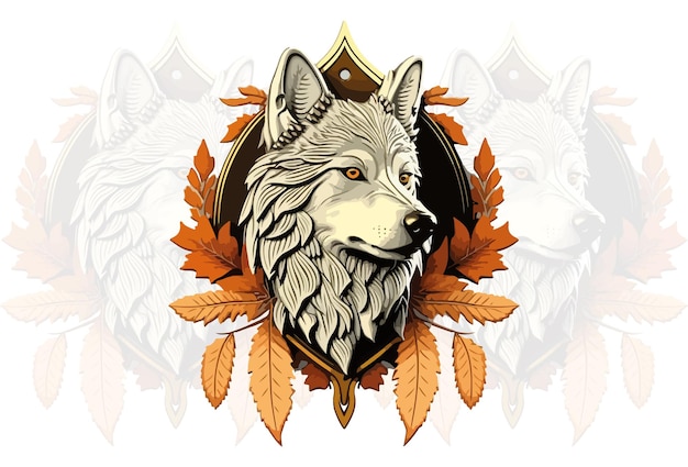 Une tête de loup avec des feuilles et le mot loup dessus.