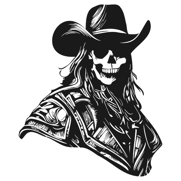 Tête de mort chapeau de cowboy tatouage main vecteur dessiné clipart noir et blanc