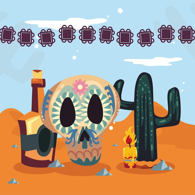 Vecteur tête de mort tequila et cactus
