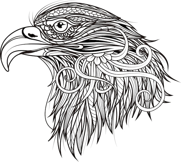 Vecteur tête à motifs d'aigle art zentangle noir et blanc