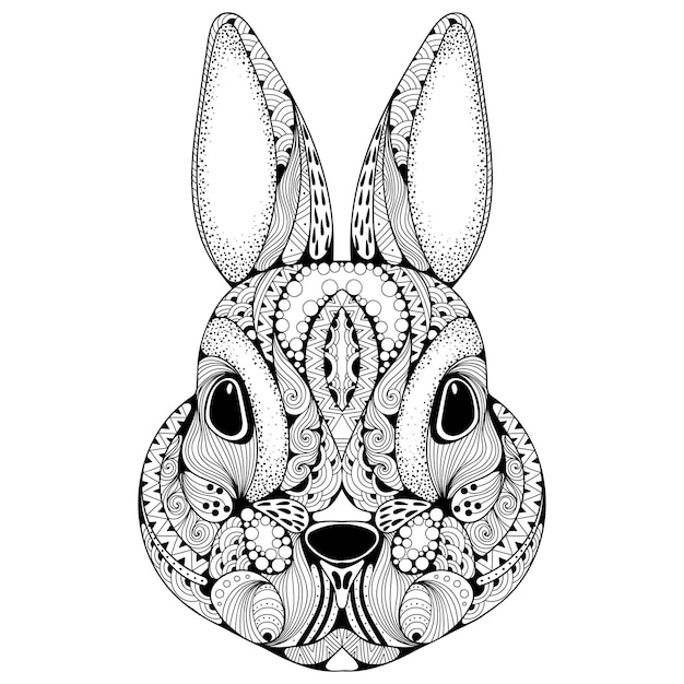 Tête ornée dessinée à la main de lapin avec motif ethnique Illustration vectorielle pour livre de coloriage