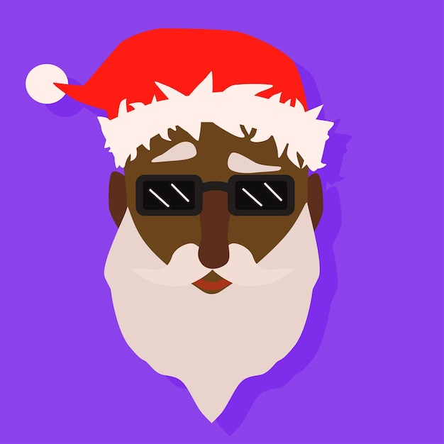 Tête De Père Noël En Peau Noire Avec Lunettes De Soleil. Vieil Homme Hipster Raide. Nouvel An Et Joyeux Noël