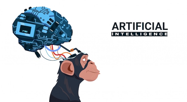 Tête De Singe Avec Cerveau Cyborg Moderne Sur Fond Blanc Concept D'intelligence Artificielle