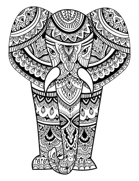 Tête Stylisée D'un éléphant. Portrait Ornemental D'un éléphant. Dessin Noir Et Blanc.