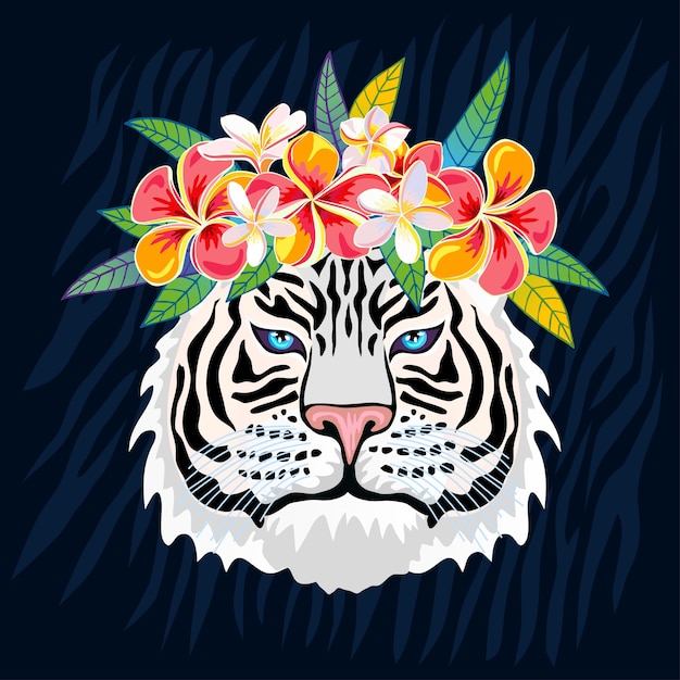 Tête De Tigre Blanc En Feuilles Tropicales Colorées