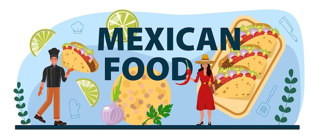 En-tête typographique de la cuisine mexicaine tacos traditionnels avec de la viande et des légumes