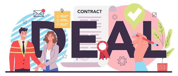 En-tête typographique Deal Contrat officiel et poignée de main d'affaires Idée de coopération de partenariat et de développement des affaires d'entreprise Illustration de dessin animé de vecteur isolé