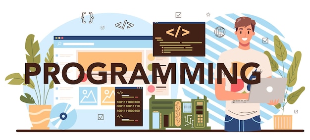 Vecteur en-tête typographique de programmation. l'enseignement informatique, les étudiants écrivent des logiciels et créent du code pour l'ordinateur. script de codage pour projet web et application. illustration vectorielle.