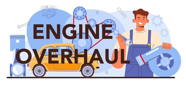 Vecteur en-tête typographique de révision du moteur. service de réparation automobile. moteur automobile