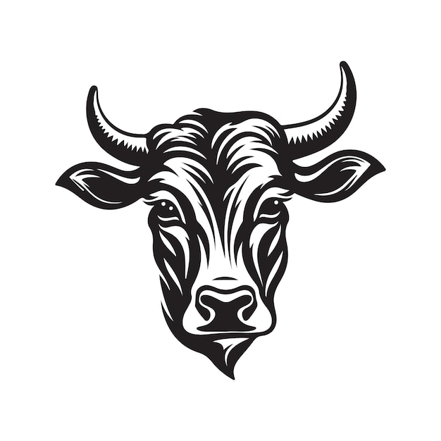 Tête De Vache Logo Vintage Ligne Art Concept Noir Et Blanc Couleur Illustration Dessinée à La Main