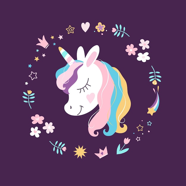 Tête De Vecteur De Licorne Blanche Avec De Grands Yeux Et Un Ensemble De Couronnes De Fleurs Coeurs D'étoiles Sur Fond Sombre