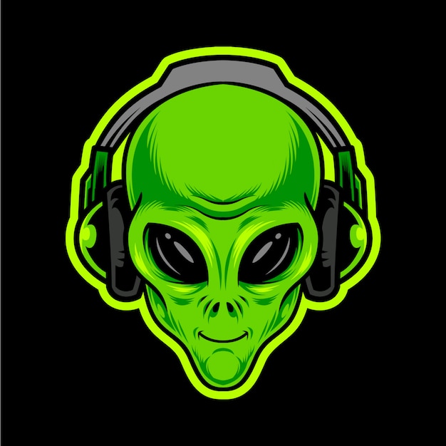 Tête verte extraterrestre avec des écouteurs.