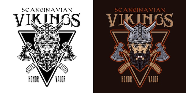 Vecteur tête viking et haches croisées emblème vectoriel étiquette badge ou imprimé dans deux styles coloré et noir et blanc