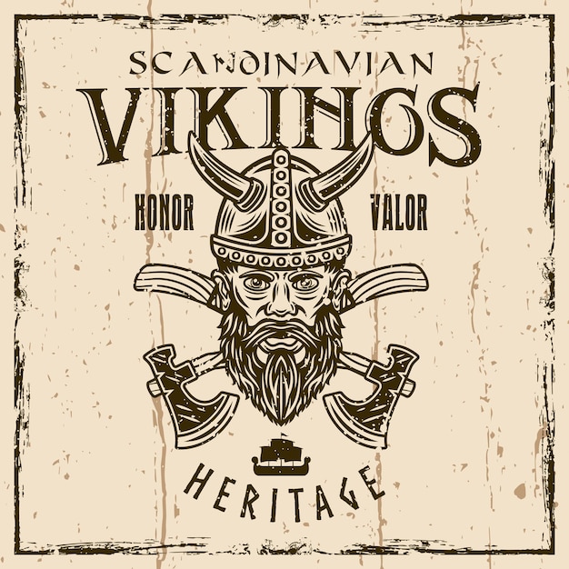 Vecteur tête viking et haches croisées vecteur emblème vintage étiquette badge ou illustration imprimée sur fond avec des textures grunge