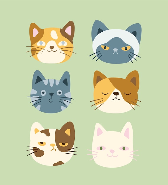 Têtes de chats chaton mignon fait face à des émoticônes vectorielles Personnages de dessins animés d'animaux de compagnie drôles de minou avec différentes expressions d'émotions pour la conception de sites Web de bannières d'affiches