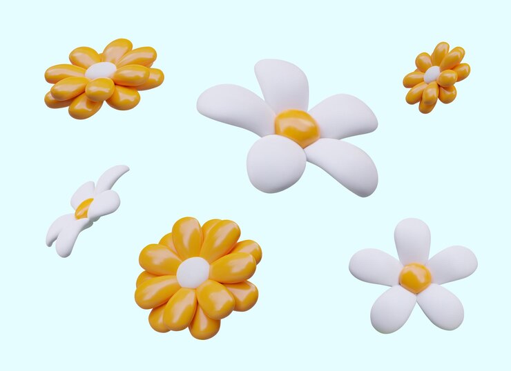 Vecteur des têtes de fleurs réalistes en plastique, des marguerites et des pissenlits sur fond bleu